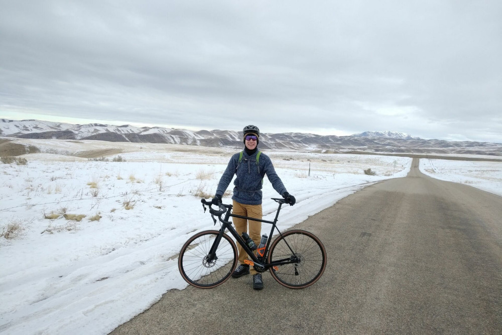 The author dressed for 33* bike riding in the snowy Eagle, Idaho foothills